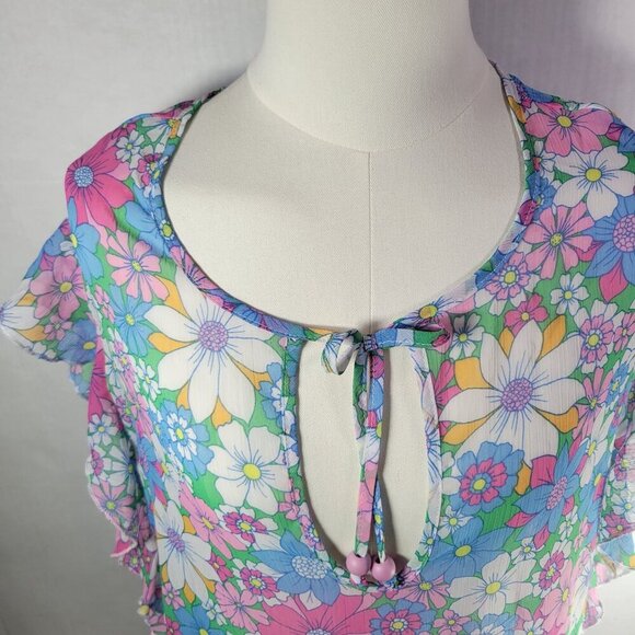Jessica Simpson Floral Ruffle Sleeveless Keyhole Peplum Hem Sheer Top Size S - Picture 9 of 10